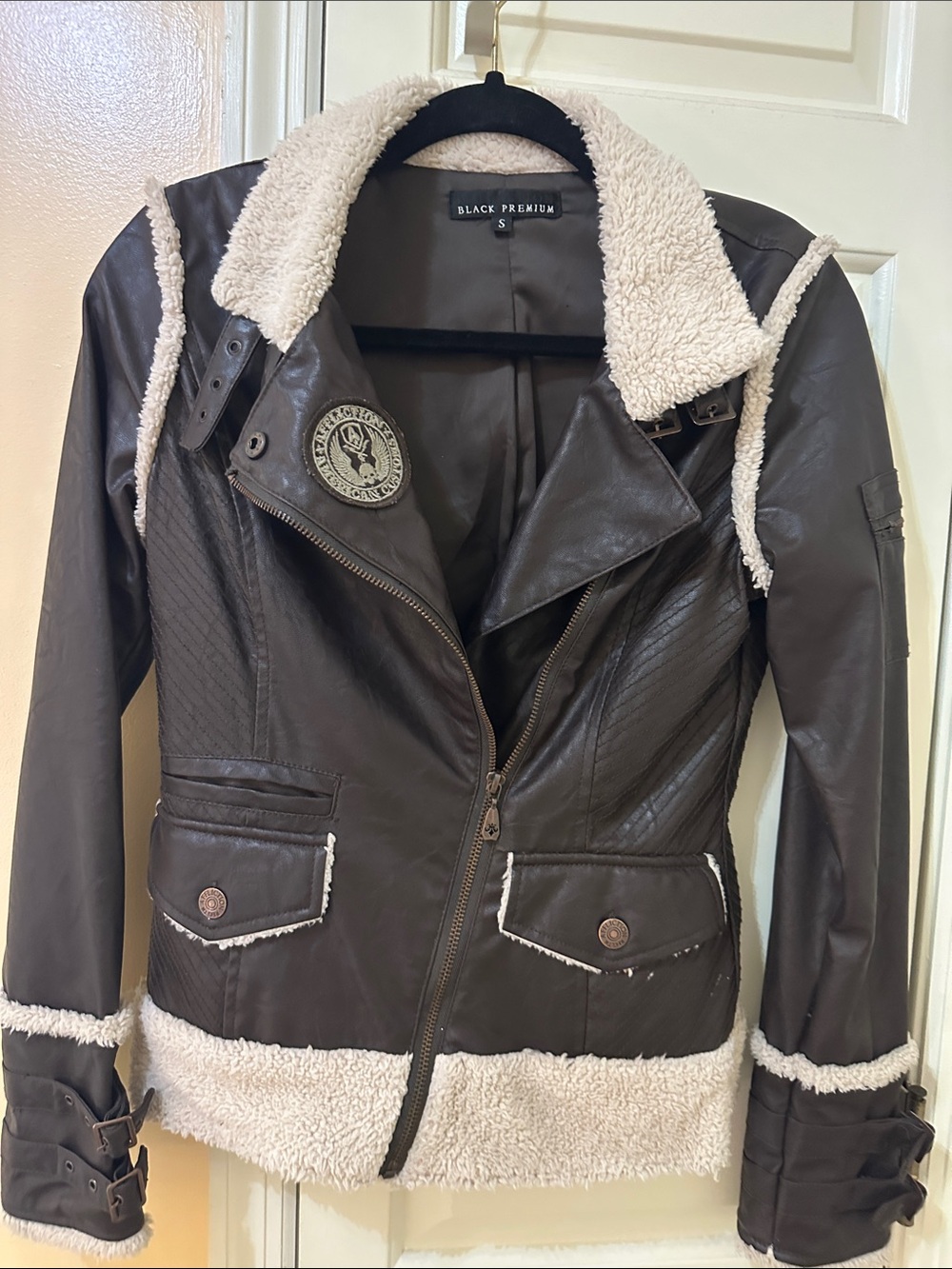 Affliction Brown Faux Leather Jacket with Cream Shearling Trim